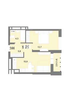 1-к квартира, строящийся дом, 41м2, 22/23 этаж