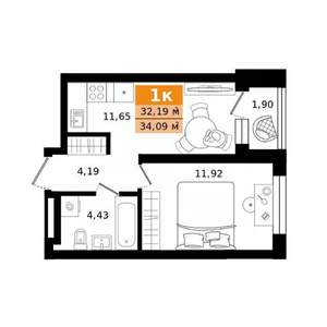 1-к квартира, строящийся дом, 34м2, 15/27 этаж