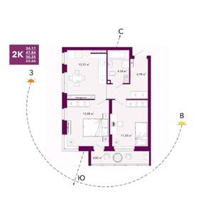 2-к квартира, строящийся дом, 50м2, 10/20 этаж