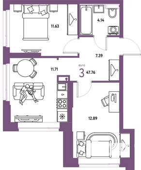 3-к квартира, вторичка, 48м2, 3/24 этаж