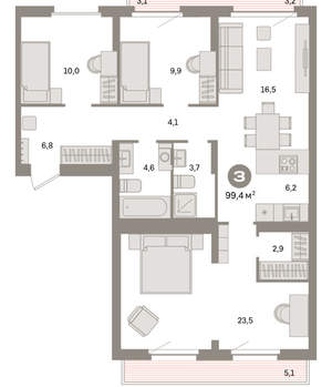 3-к квартира, вторичка, 99м2, 8/16 этаж