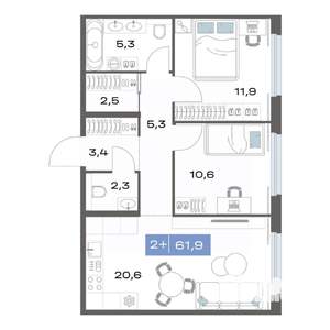 2-к квартира, строящийся дом, 62м2, 3/17 этаж