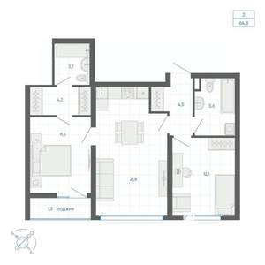 2-к квартира, вторичка, 65м2, 3/32 этаж