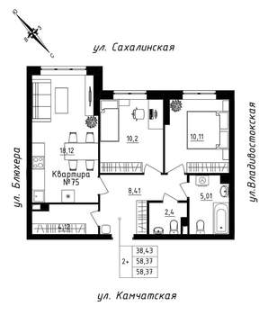 2-к квартира, строящийся дом, 58м2, 7/25 этаж