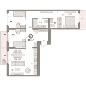 3-к квартира, вторичка, 93м2, 8/9 этаж