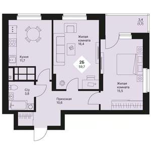 2-к квартира, вторичка, 60м2, 23/25 этаж