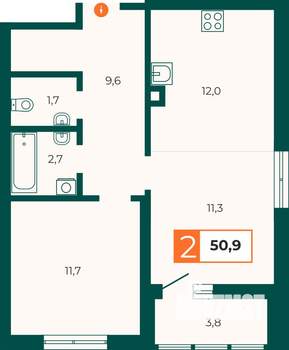 2-к квартира, строящийся дом, 51м2, 16/25 этаж