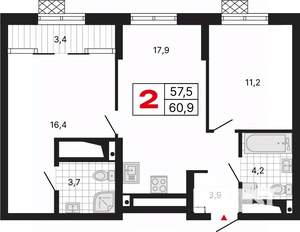 2-к квартира, вторичка, 61м2, 25/29 этаж