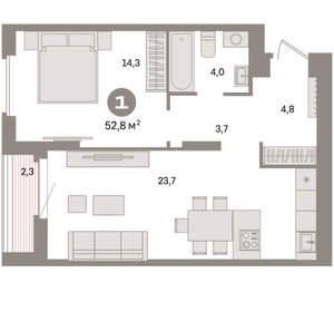 1-к квартира, вторичка, 53м2, 5/16 этаж