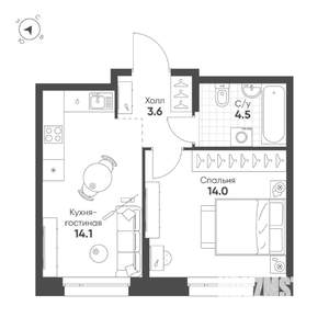1-к квартира, строящийся дом, 36м2, 3/16 этаж