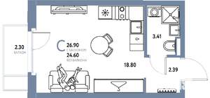 Студия квартира, строящийся дом, 27м2, 4/24 этаж