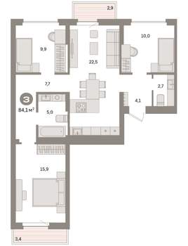3-к квартира, вторичка, 84м2, 8/9 этаж