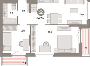 2-к квартира, вторичка, 64м2, 7/9 этаж