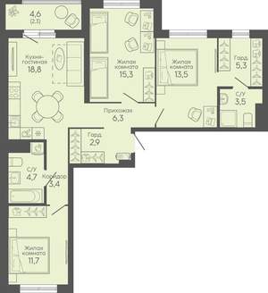 3-к квартира, вторичка, 88м2, 3/16 этаж