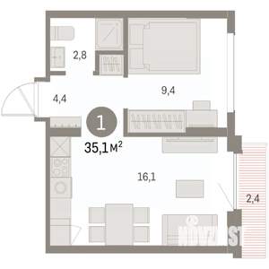 1-к квартира, вторичка, 35м2, 9/9 этаж