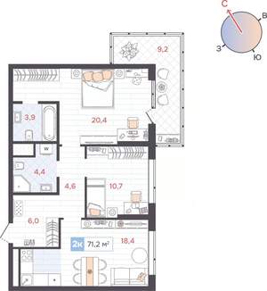 2-к квартира, вторичка, 71м2, 9/31 этаж