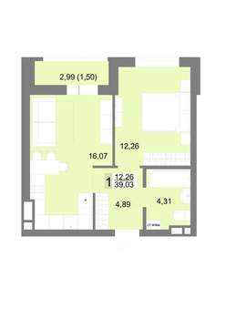 1-к квартира, строящийся дом, 39м2, 9/22 этаж