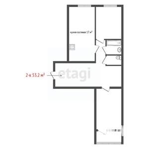 2-к квартира, вторичка, 53м2, 1/4 этаж