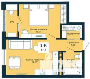 1-к квартира, вторичка, 48м2, 23/25 этаж