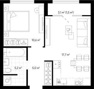 1-к квартира, строящийся дом, 40м2, 2/24 этаж