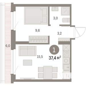 1-к квартира, вторичка, 37м2, 8/9 этаж