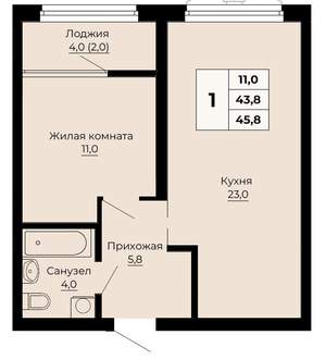 1-к квартира, вторичка, 46м2, 16/24 этаж