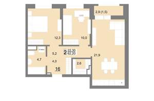 2-к квартира, вторичка, 62м2, 3/26 этаж