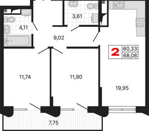 2-к квартира, вторичка, 68м2, 3/25 этаж