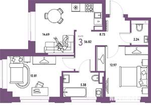 3-к квартира, строящийся дом, 57м2, 14/24 этаж