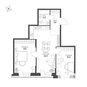 2-к квартира, строящийся дом, 64м2, 4/16 этаж