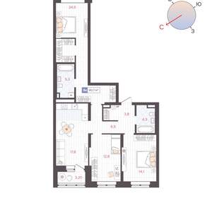 3-к квартира, вторичка, 91м2, 5/25 этаж