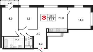 3-к квартира, строящийся дом, 83м2, 13/25 этаж