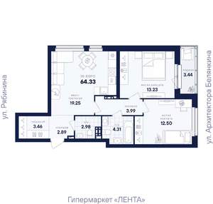 2-к квартира, вторичка, 64м2, 2/26 этаж