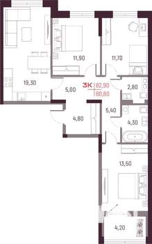 3-к квартира, вторичка, 81м2, 4/25 этаж