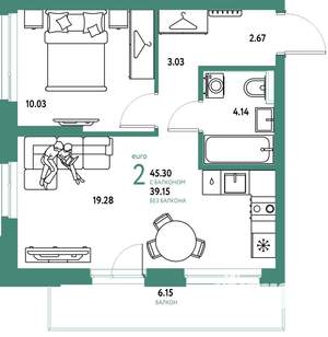 2-к квартира, строящийся дом, 45м2, 10/25 этаж