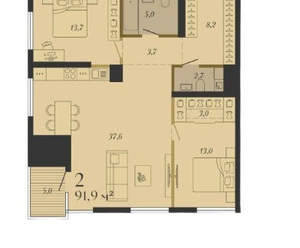 2-к квартира, строящийся дом, 92м2, 6/8 этаж
