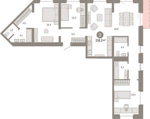 3-к квартира, вторичка, 116м2, 3/24 этаж