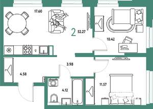 2-к квартира, строящийся дом, 52м2, 6/25 этаж