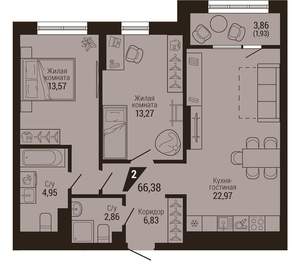 2-к квартира, вторичка, 66м2, 9/23 этаж