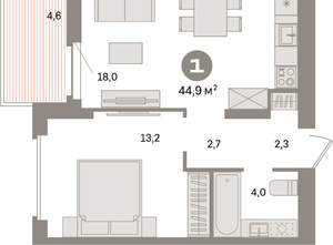 1-к квартира, вторичка, 45м2, 9/16 этаж