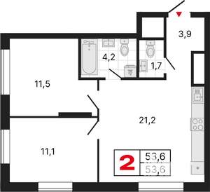 2-к квартира, строящийся дом, 54м2, 6/25 этаж