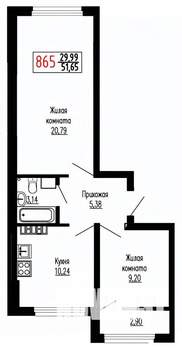 2-к квартира, строящийся дом, 51м2, 24/27 этаж