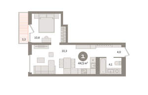 1-к квартира, вторичка, 44м2, 6/8 этаж
