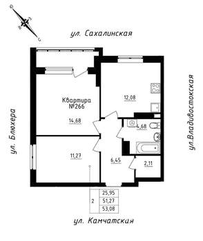 2-к квартира, строящийся дом, 53м2, 23/25 этаж