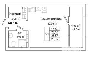1-к квартира, строящийся дом, 29м2, 20/25 этаж