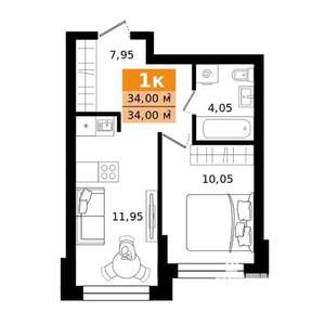 1-к квартира, строящийся дом, 34м2, 7/23 этаж