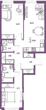 3-к квартира, вторичка, 71м2, 6/24 этаж