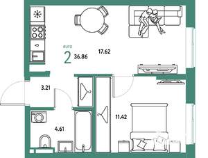 2-к квартира, строящийся дом, 37м2, 9/24 этаж