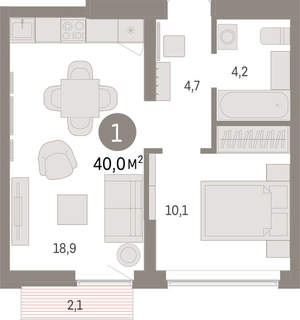 1-к квартира, вторичка, 40м2, 8/16 этаж