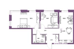 3-к квартира, вторичка, 65м2, 18/20 этаж